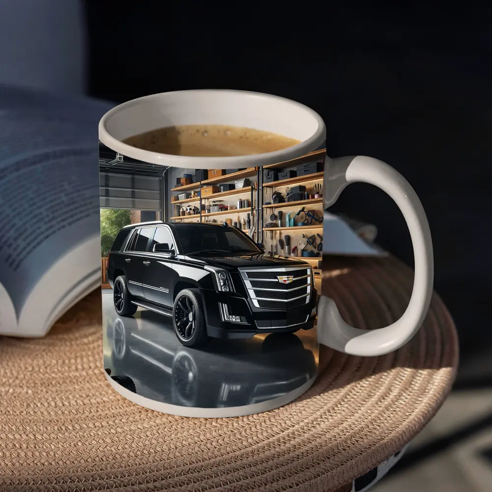 Cadillac Escalade Black SUV Inside Garage – Mugs