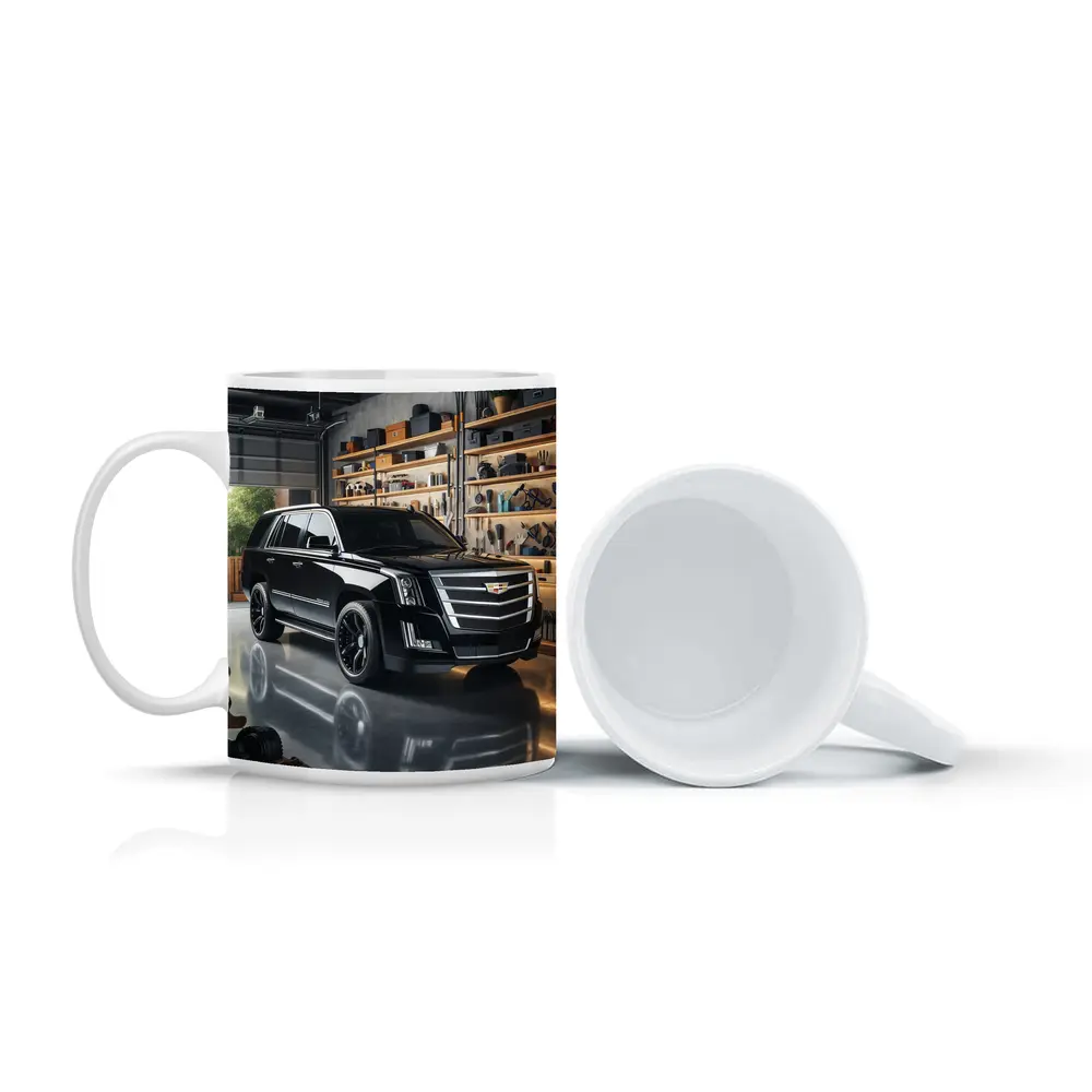 Cadillac Escalade Black SUV Inside Garage – Mugs