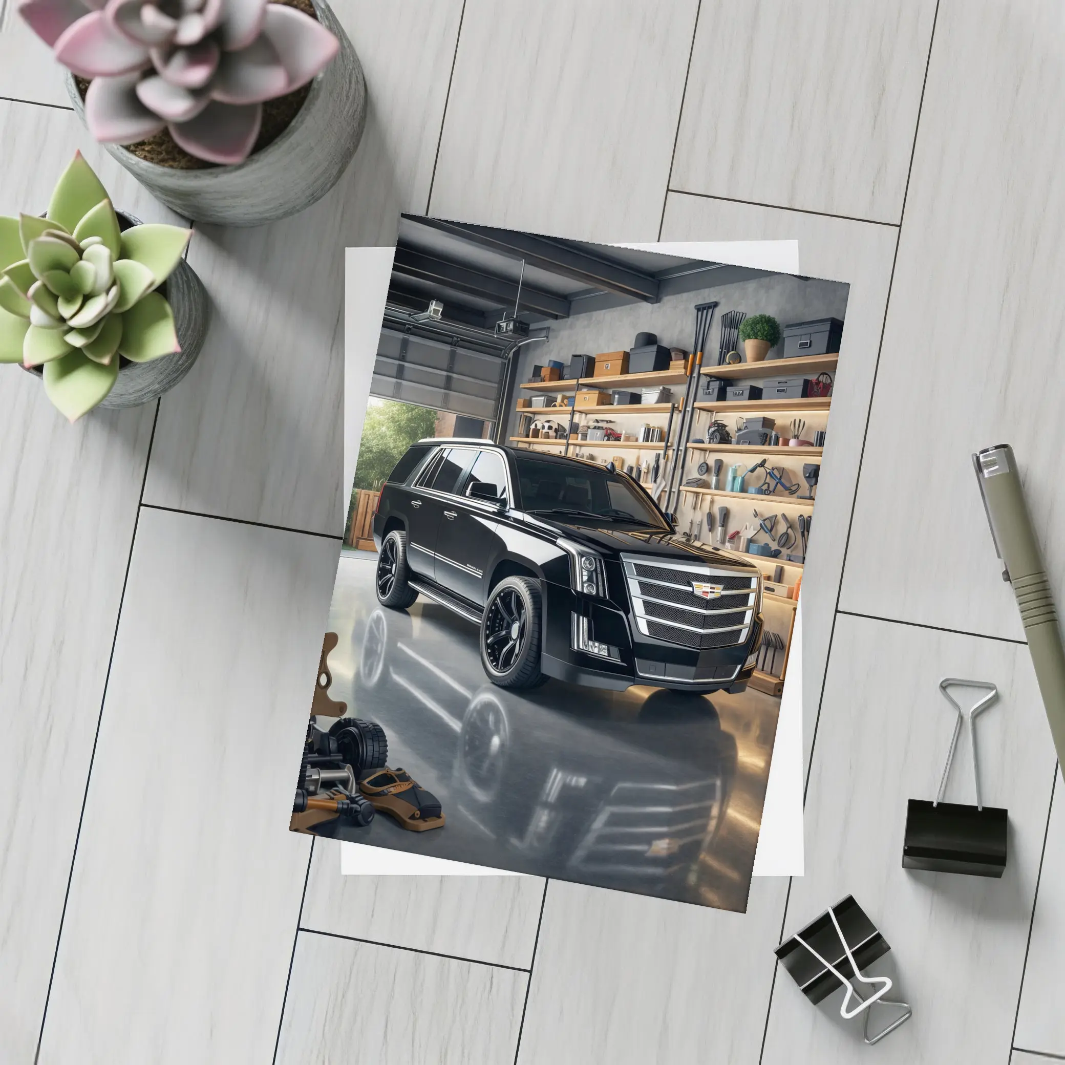 Cadillac Escalade Black SUV Inside Garage – Postcards