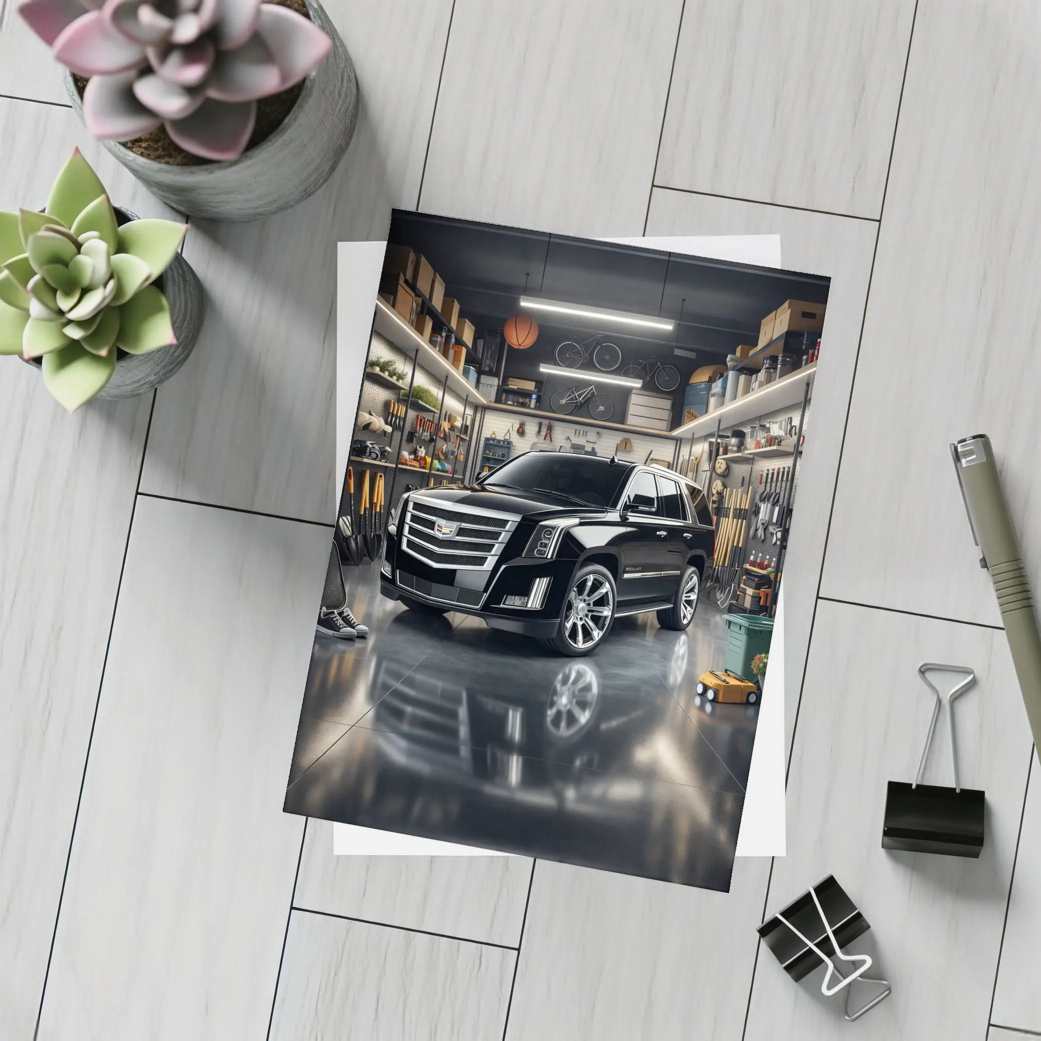 Cadillac Escalade Black SUV Modern Garage – Postcards
