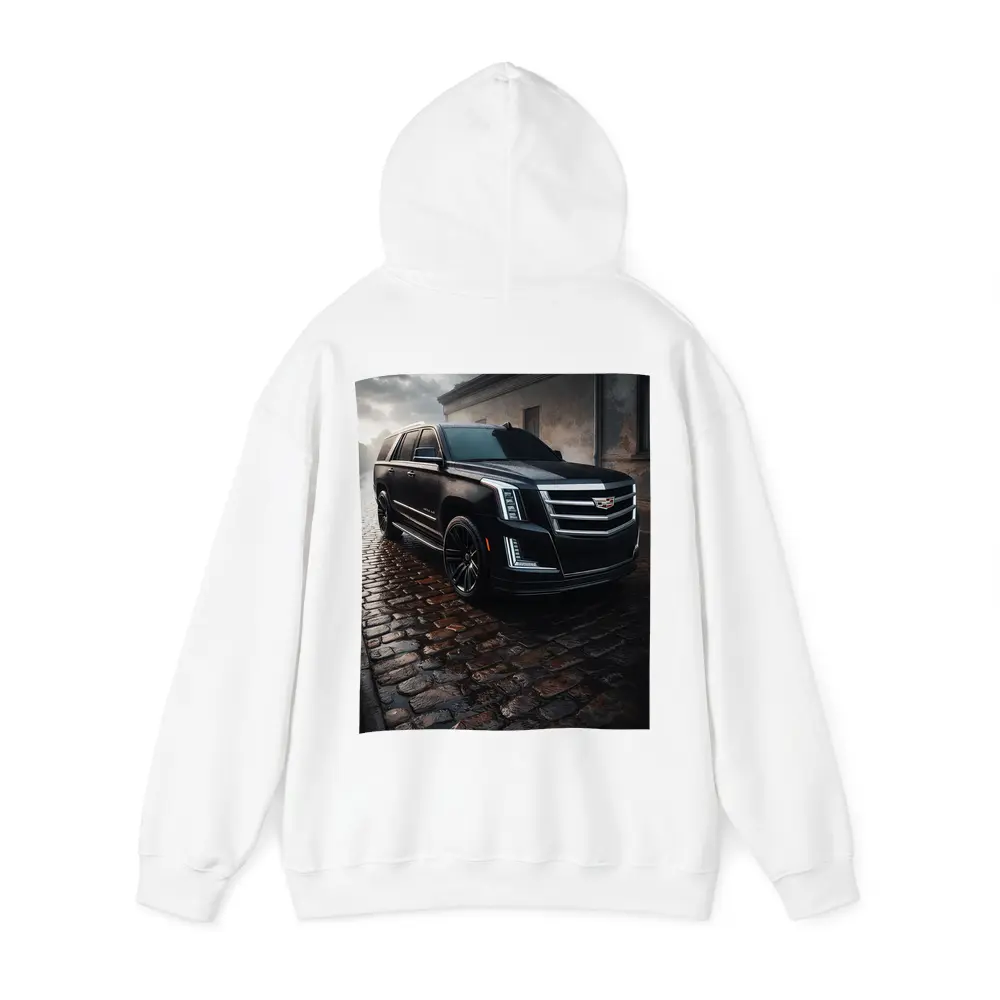 Cadillac Escalade Black SUV Wet Cobblestone Street – Hoodies