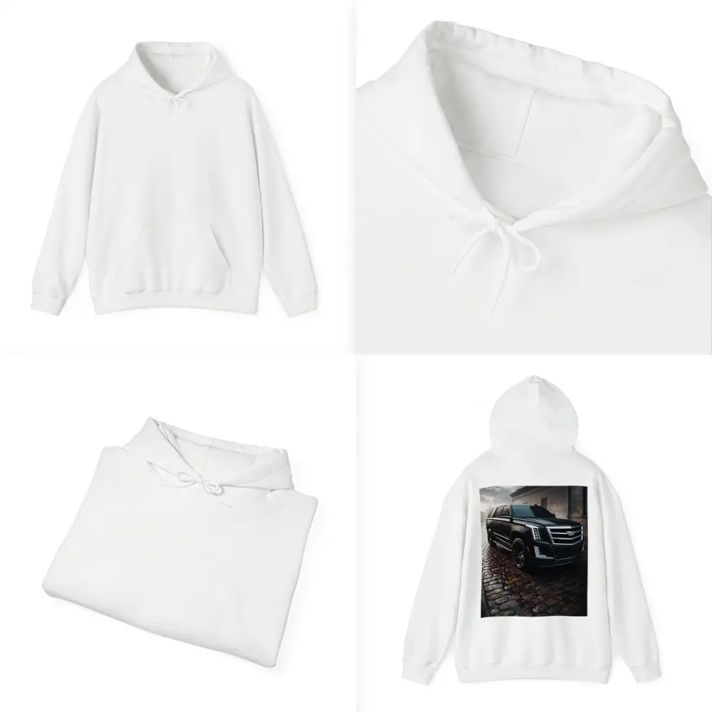 Cadillac Escalade Black SUV Wet Cobblestone Street – Hoodies