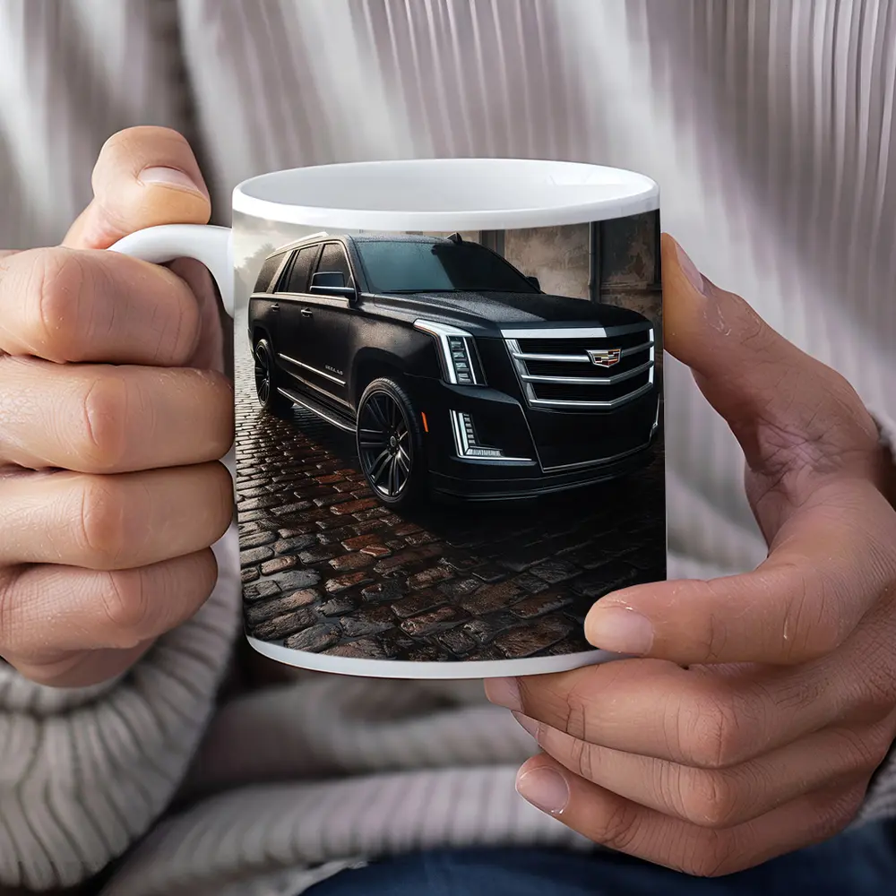 Cadillac Escalade Black SUV Wet Cobblestone Street – Mugs