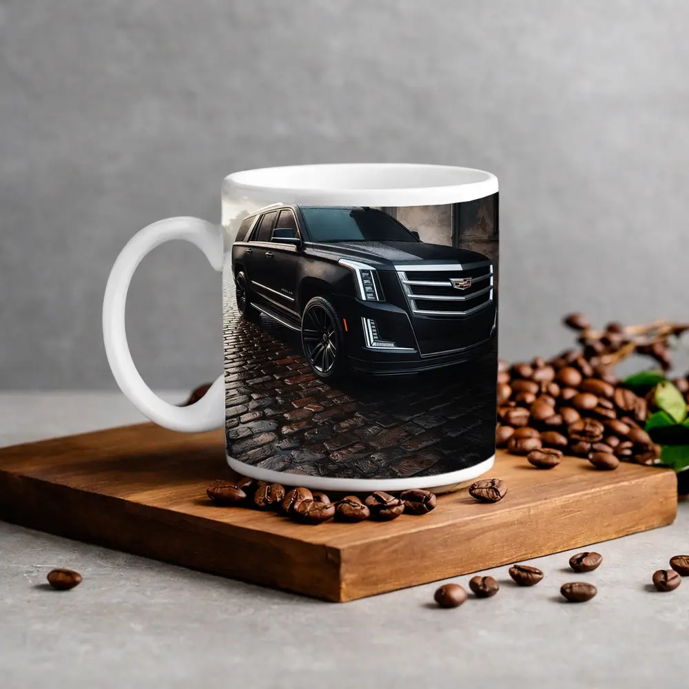 Cadillac Escalade Black SUV Wet Cobblestone Street – Mugs