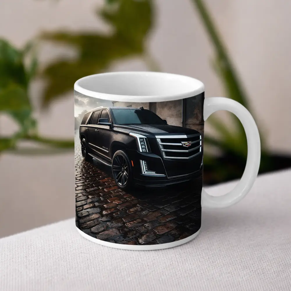 Cadillac Escalade Black SUV Wet Cobblestone Street – Mugs