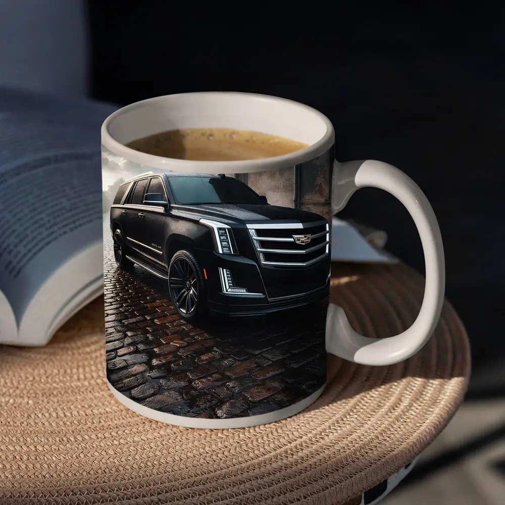 Cadillac Escalade Black SUV Wet Cobblestone Street – Mugs