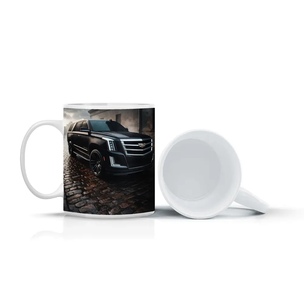 Cadillac Escalade Black SUV Wet Cobblestone Street – Mugs
