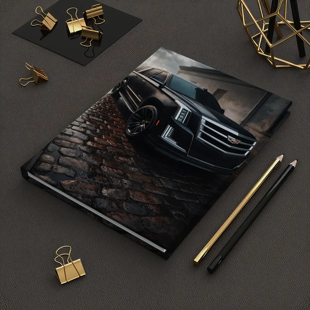 Cadillac Escalade Black SUV Wet Cobblestone Street – Notebooks