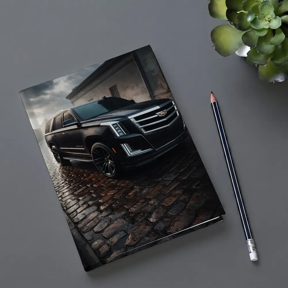 Cadillac Escalade Black SUV Wet Cobblestone Street – Notebooks