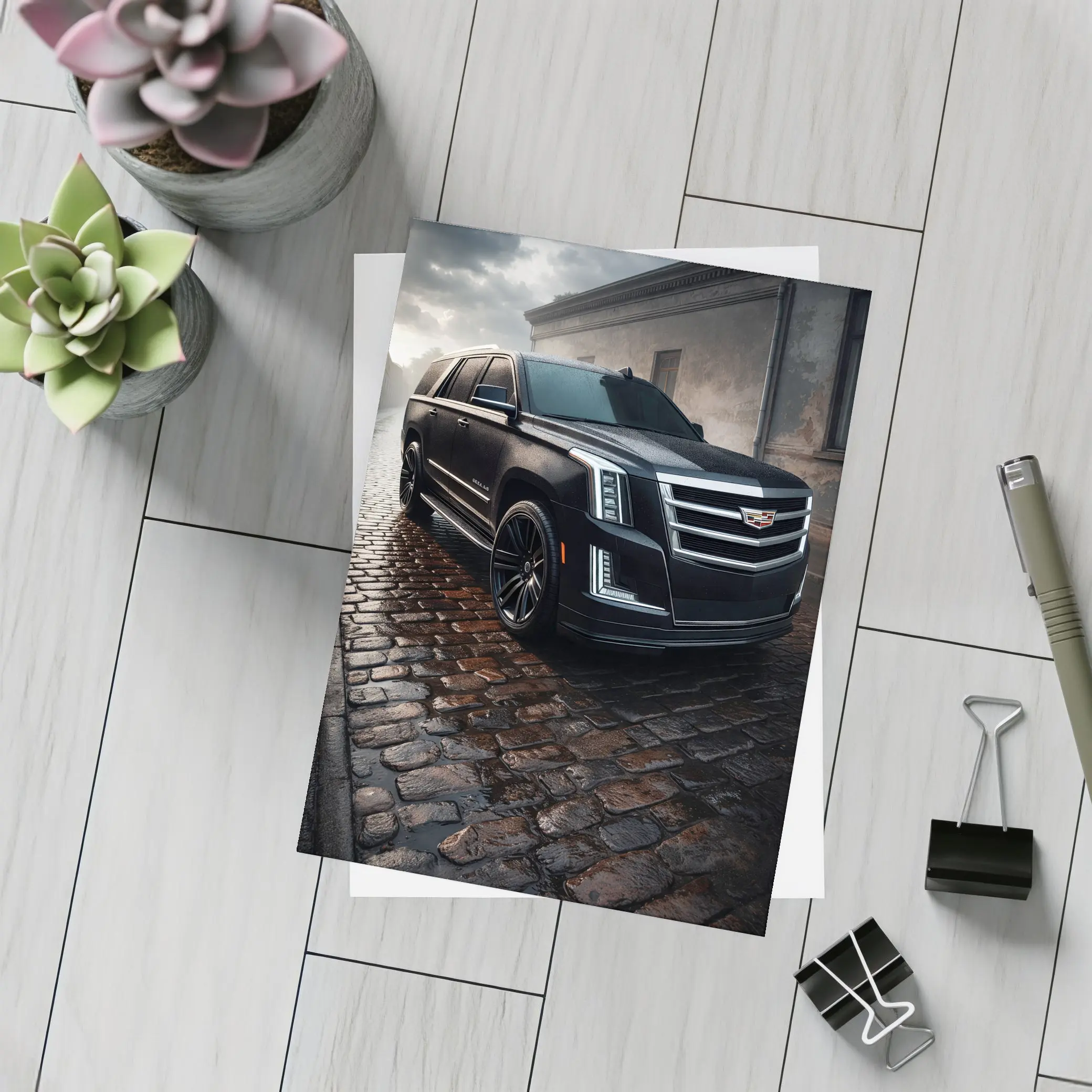 Cadillac Escalade Black SUV Wet Cobblestone Street – Postcards