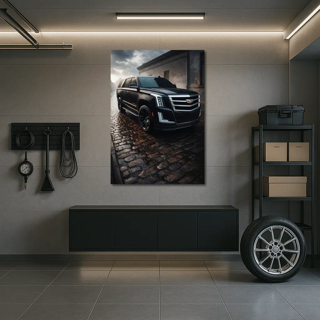 Cadillac Escalade Black SUV Wet Cobblestone Street – Wall Art