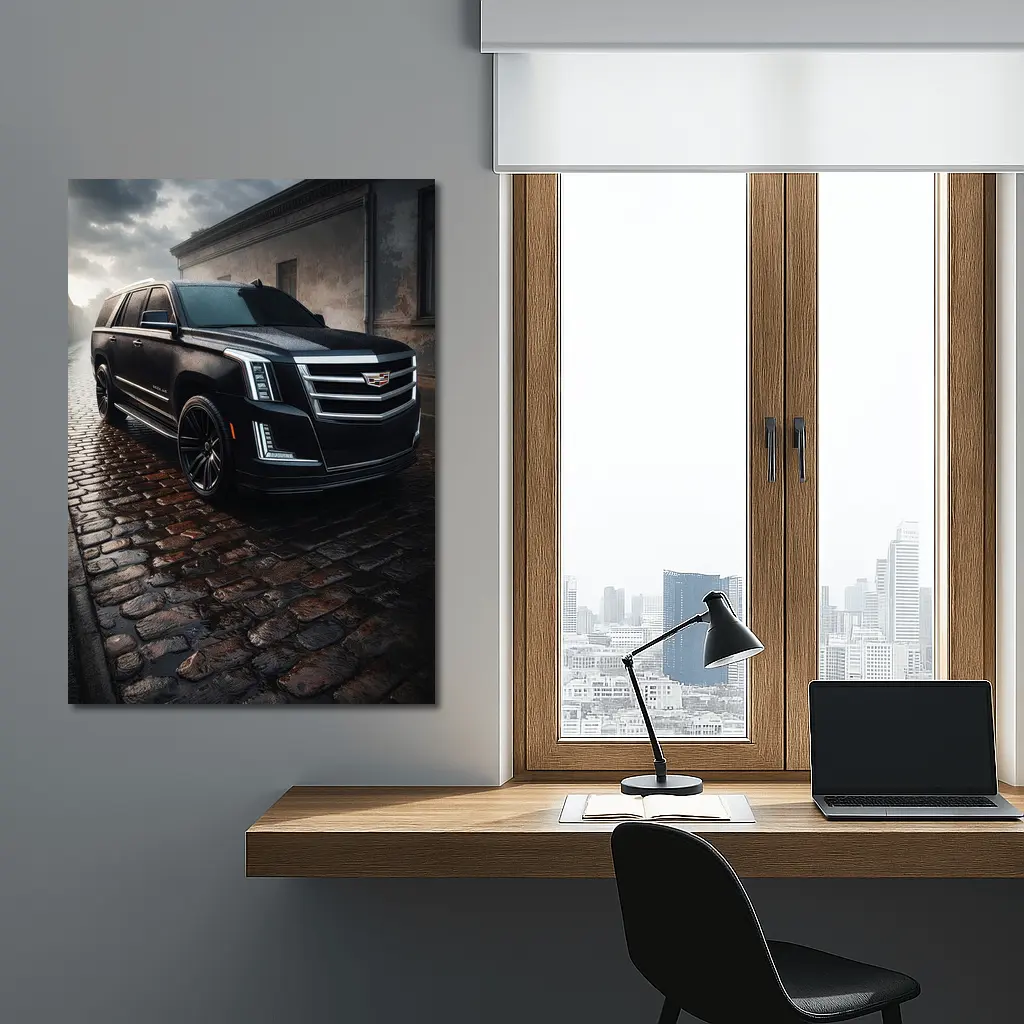 Cadillac Escalade Black SUV Wet Cobblestone Street – Wall Art