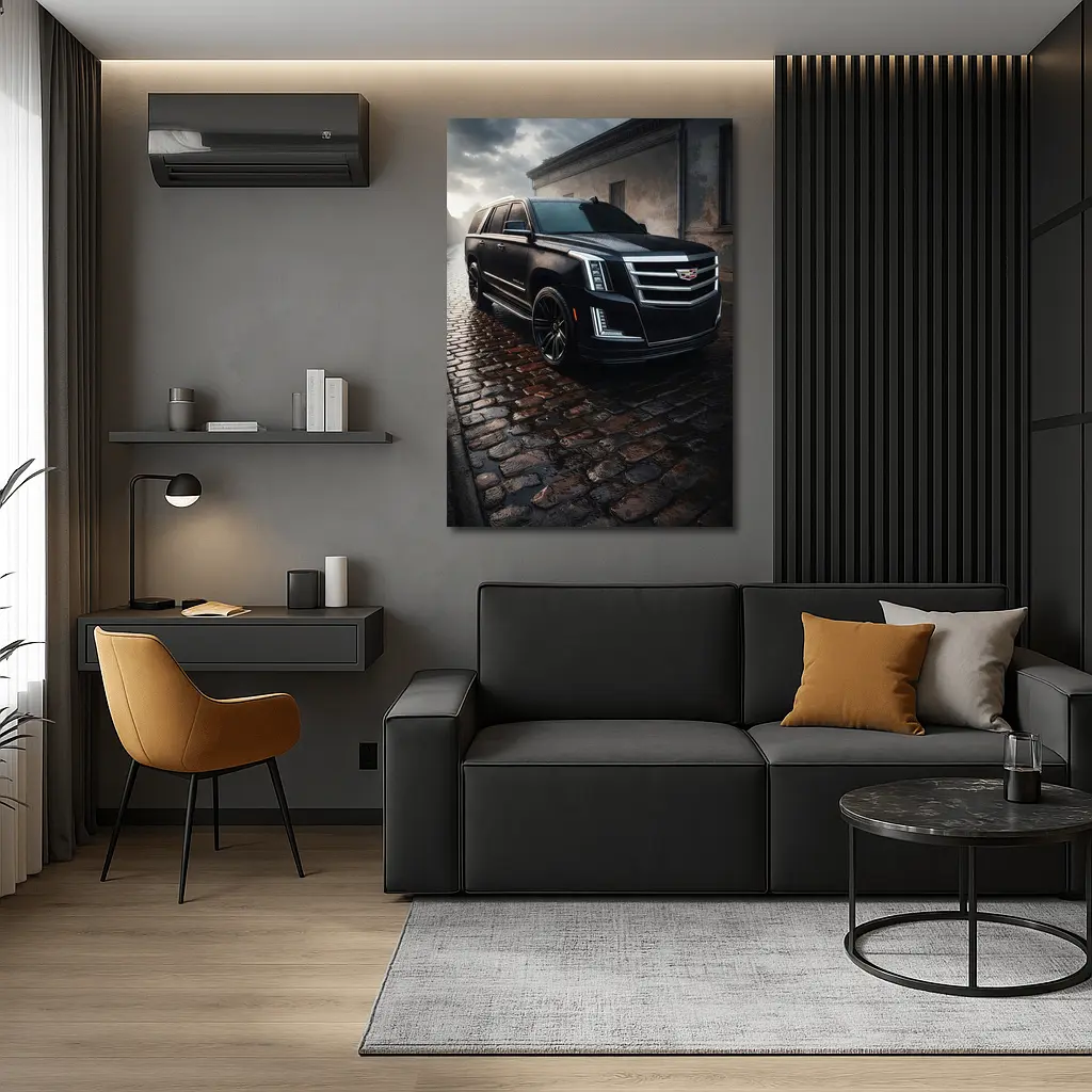 Cadillac Escalade Black SUV Wet Cobblestone Street – Wall Art