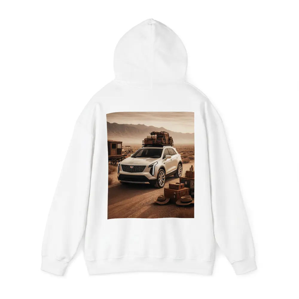 Cadillac XT4 SUV Desert Adventure Scene – Hoodies