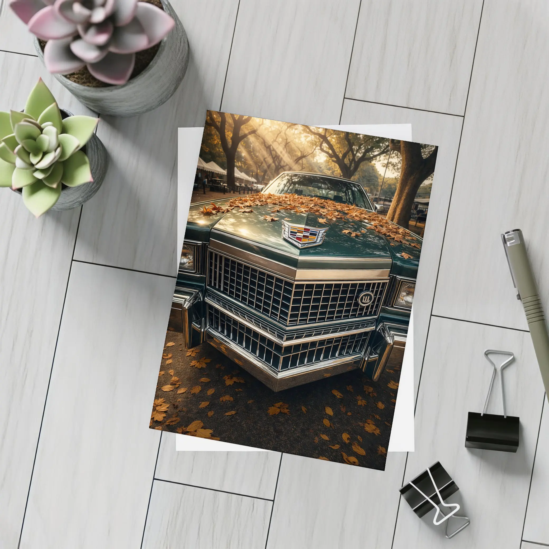 Cadillac Classic Car Hood Autumn Park – Postcards