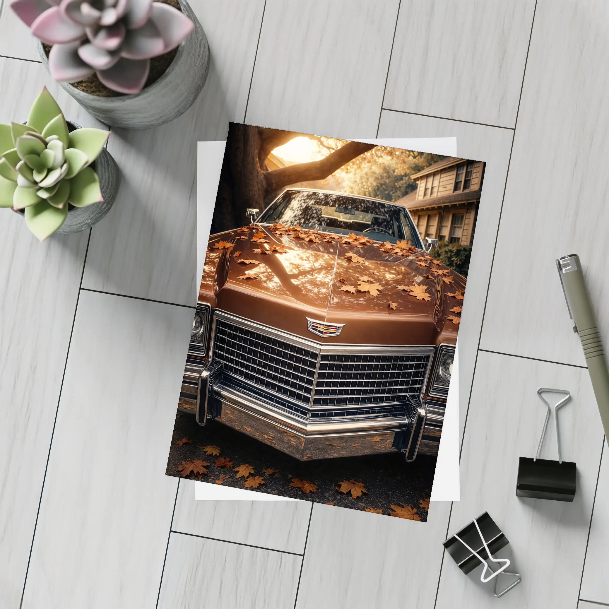 Cadillac Classic Car Autumn Leaves Driveway – Postcards