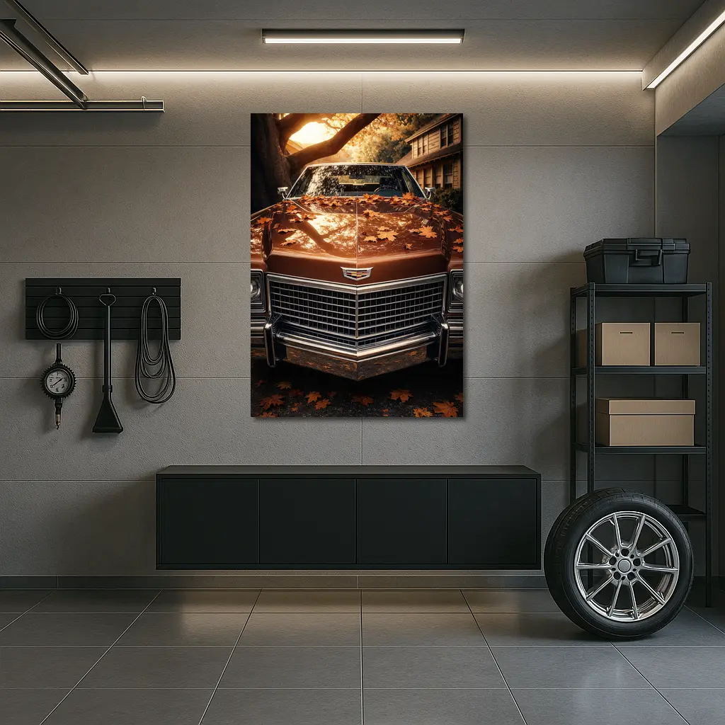 Cadillac Classic Car Autumn Leaves Driveway – Wall Art