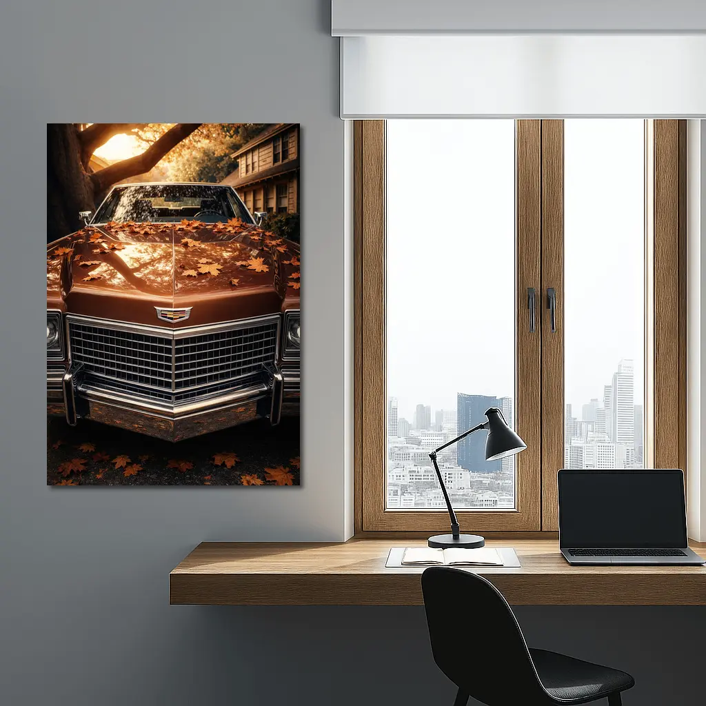 Cadillac Classic Car Autumn Leaves Driveway – Wall Art