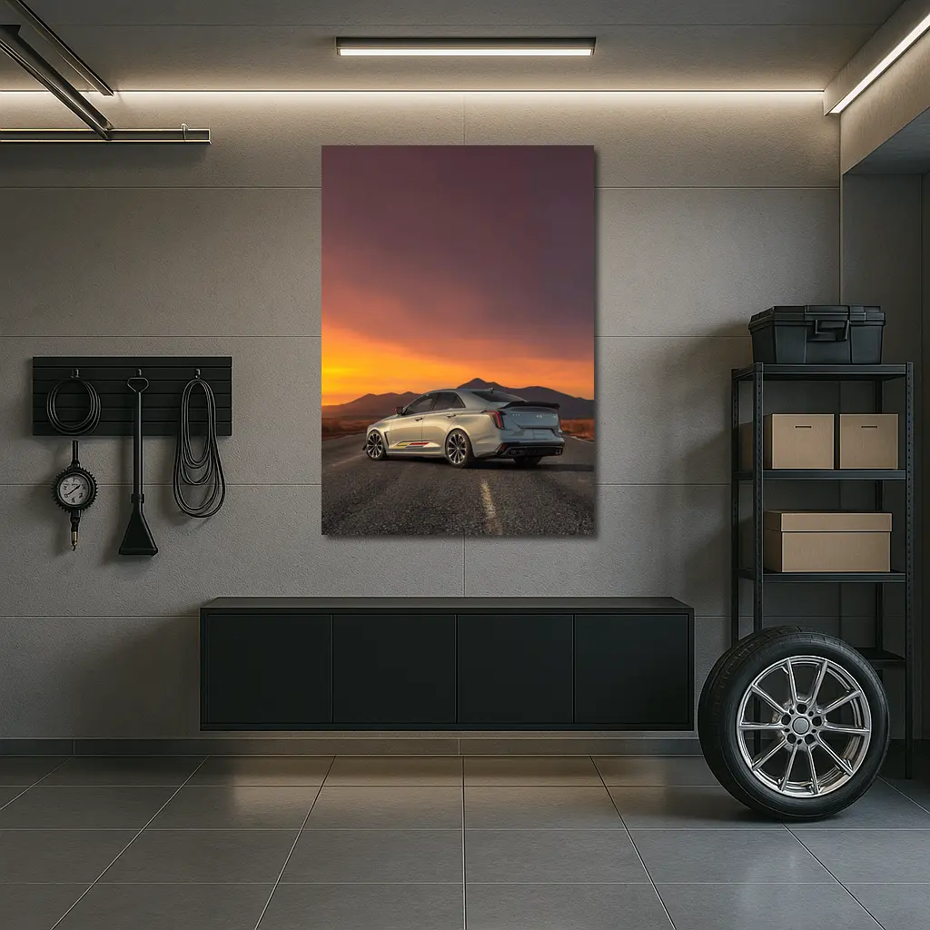 Cadillac CT5 Silver Sedan Sunset Road – Wall Art