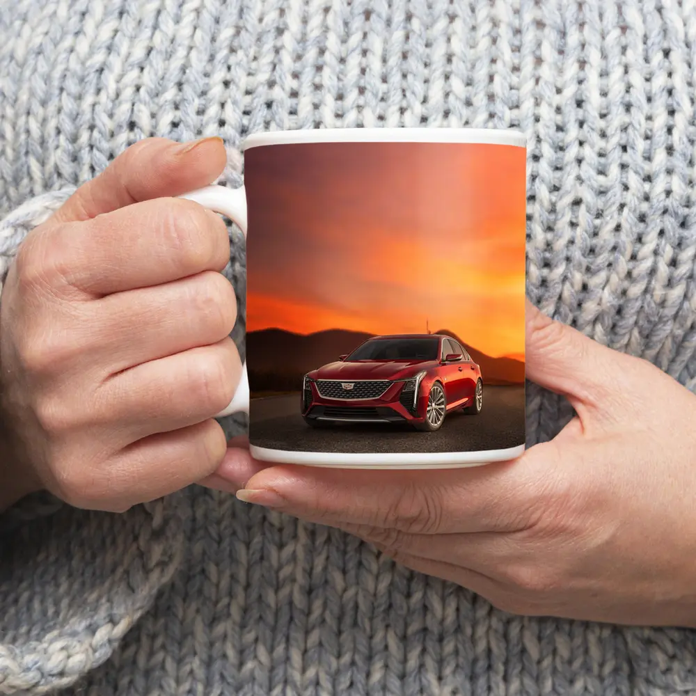 Cadillac CT5 Red Sedan Sunset Sky – Mugs