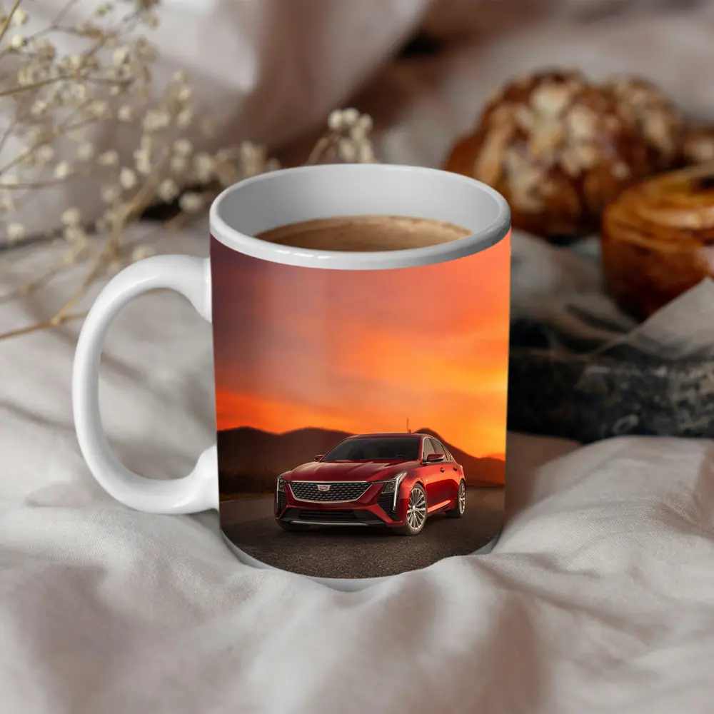 Cadillac CT5 Red Sedan Sunset Sky – Mugs