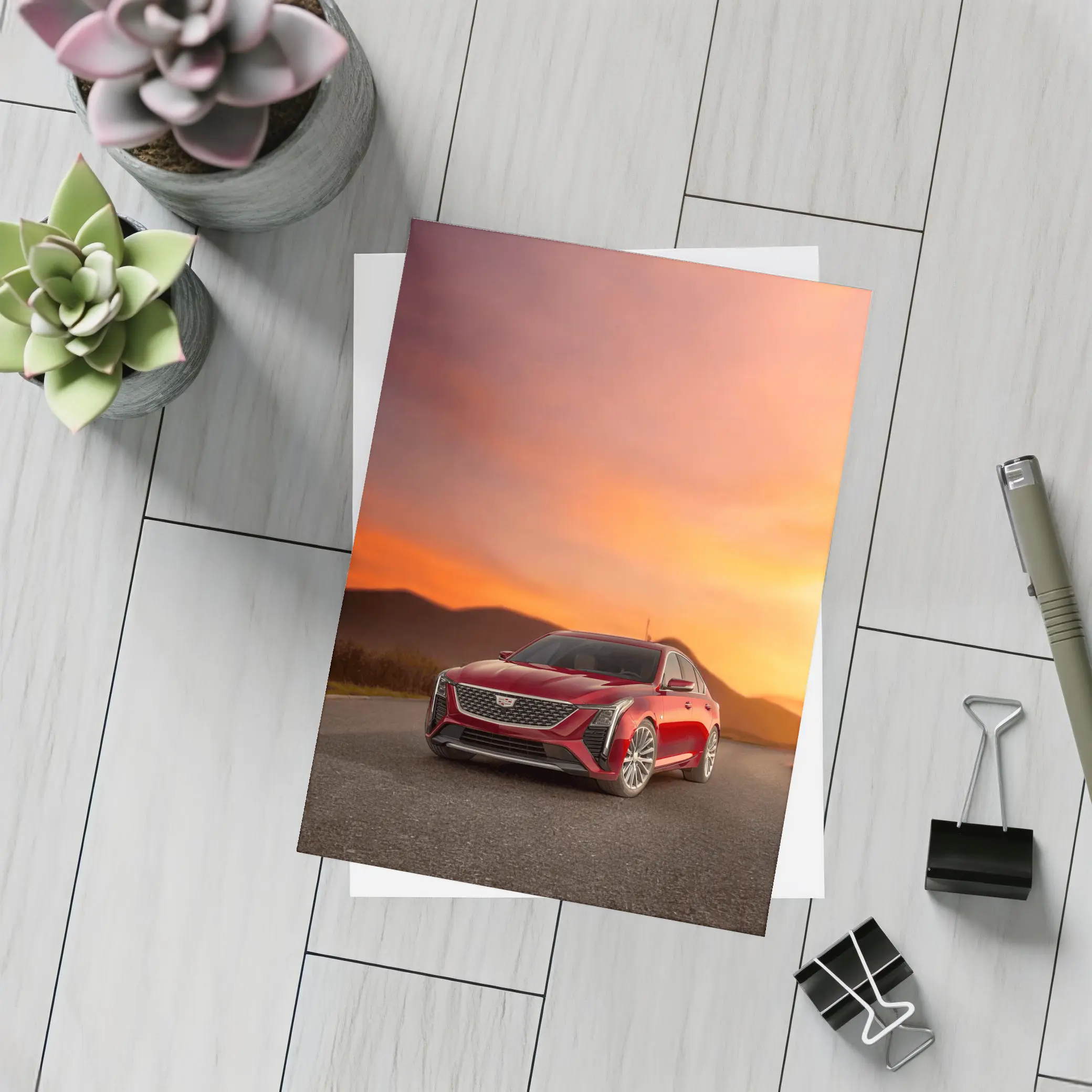 Cadillac CT5 Red Sedan Sunset Sky – Postcards