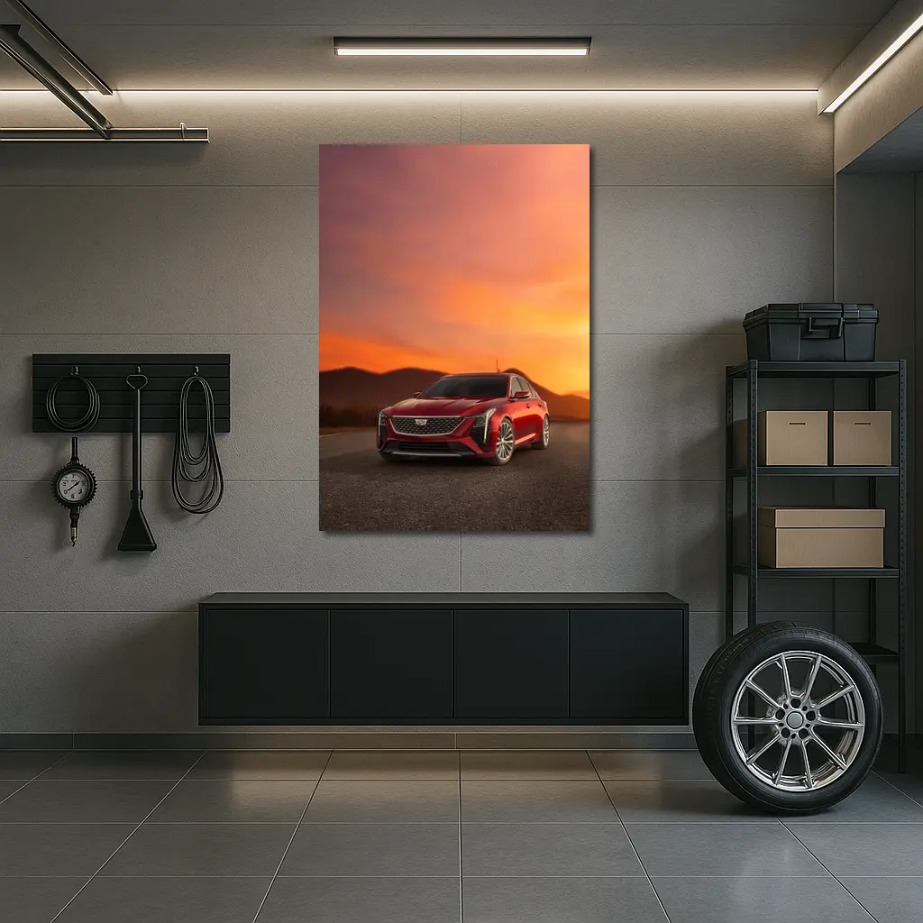 Cadillac CT5 Red Sedan Sunset Sky – Wall Art