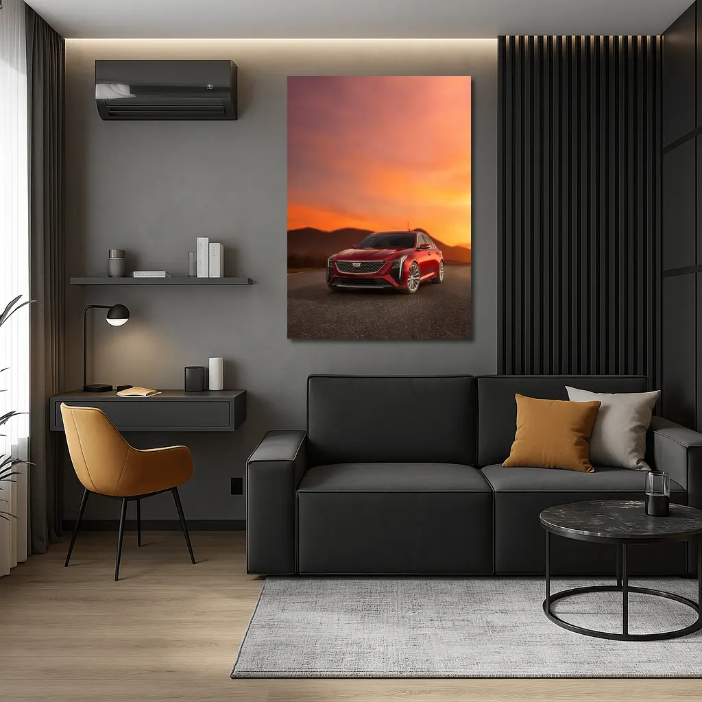 Cadillac CT5 Red Sedan Sunset Sky – Wall Art