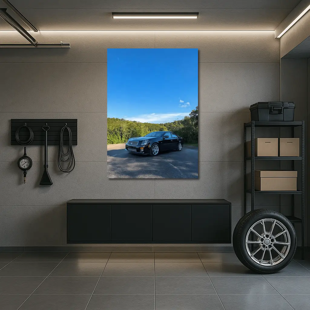 Black Cadillac CTS Parked Against Blue Sky – Wall Art