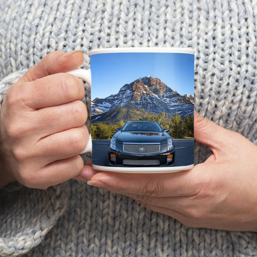Cadillac CTS Black Car Mountain Background – Mugs