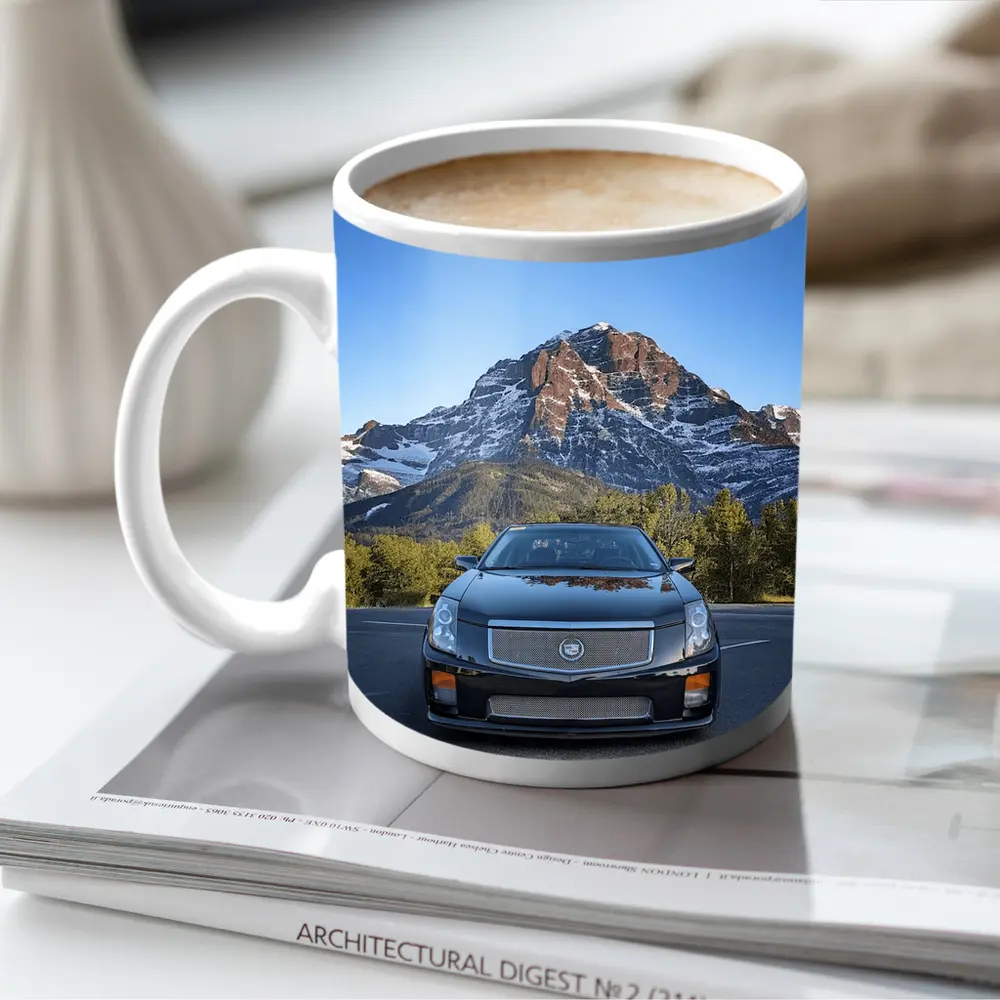 Cadillac CTS Black Car Mountain Background – Mugs