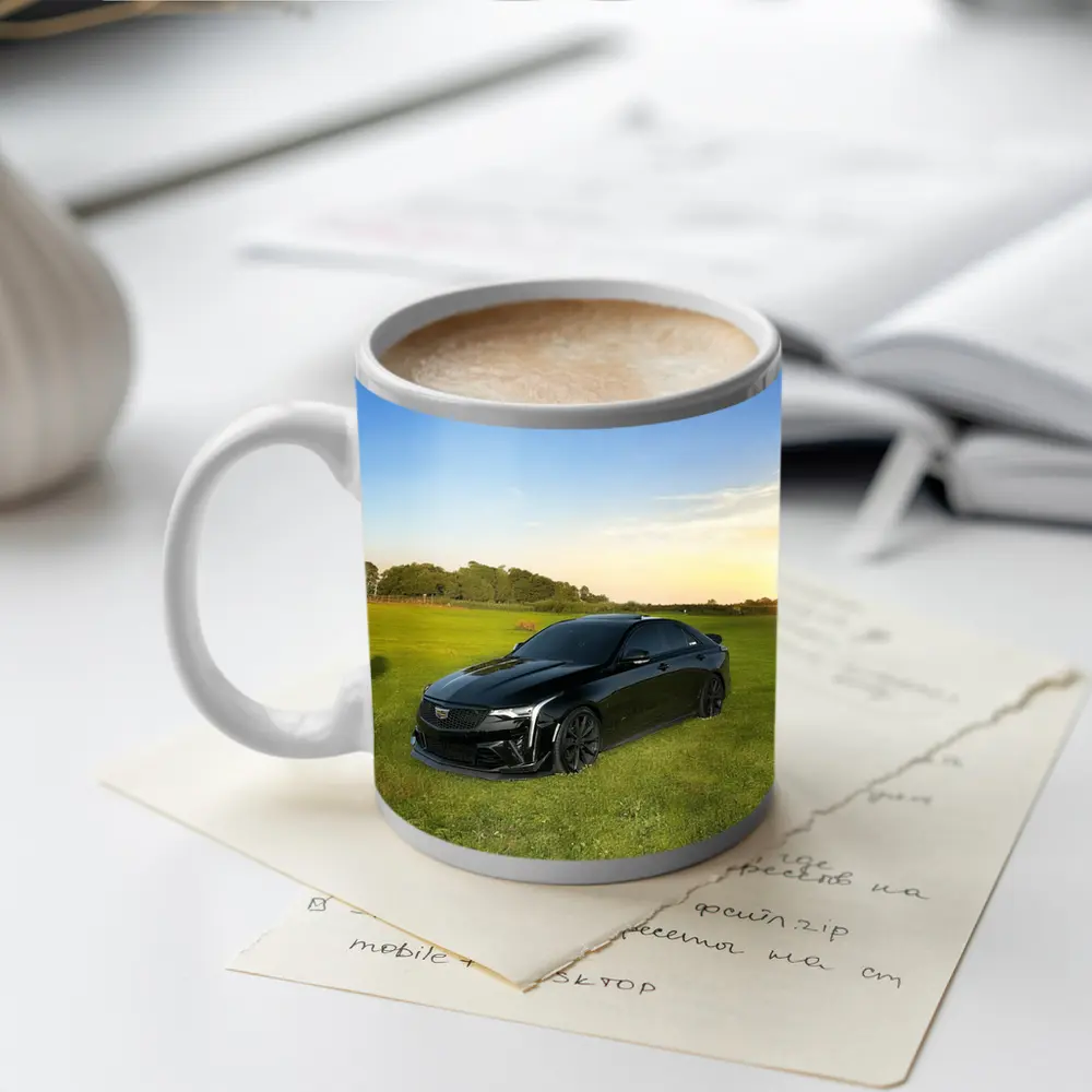 Black Cadillac CT5 Parked Green Field – Mugs