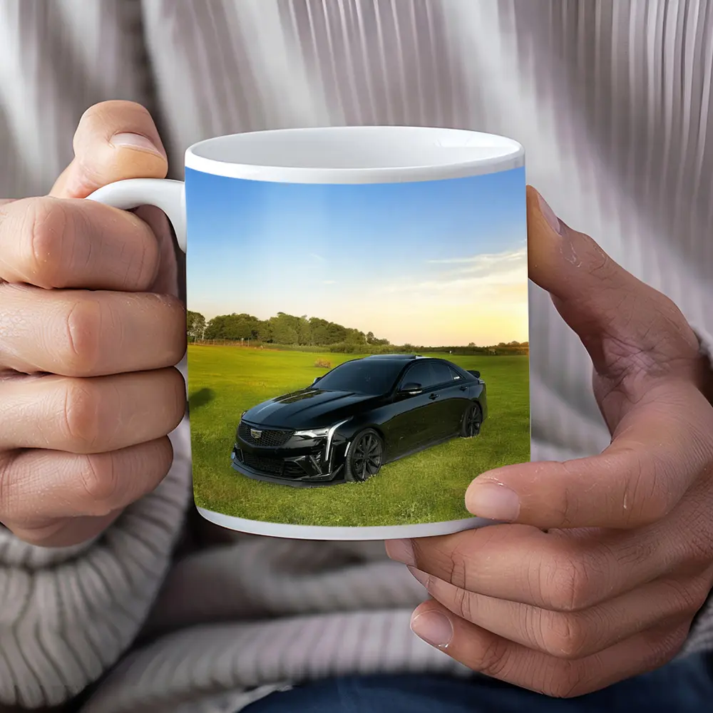 Black Cadillac CT5 Parked Green Field – Mugs