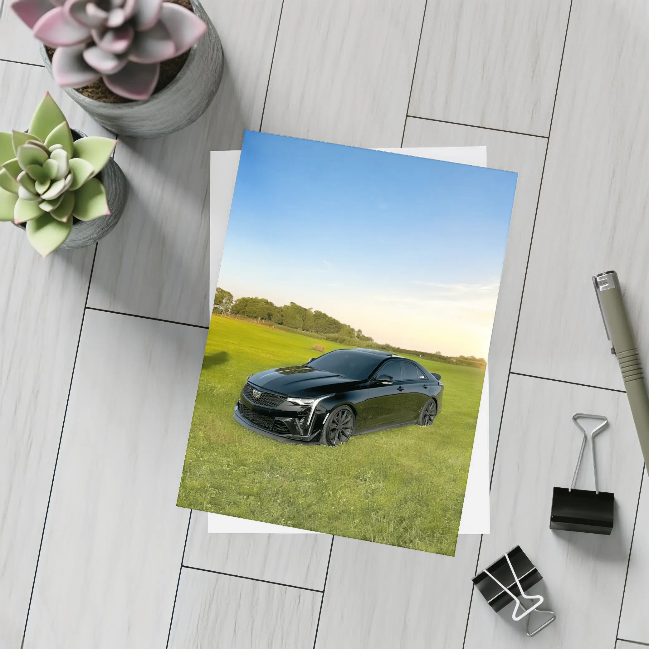 Black Cadillac CT5 Parked Green Field – Postcards