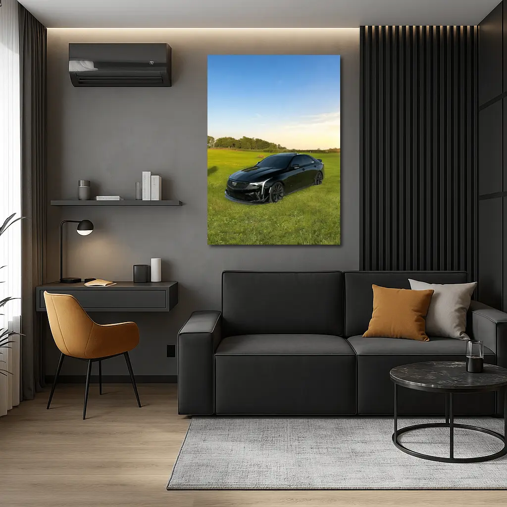 Black Cadillac CT5 Parked Green Field – Wall Art