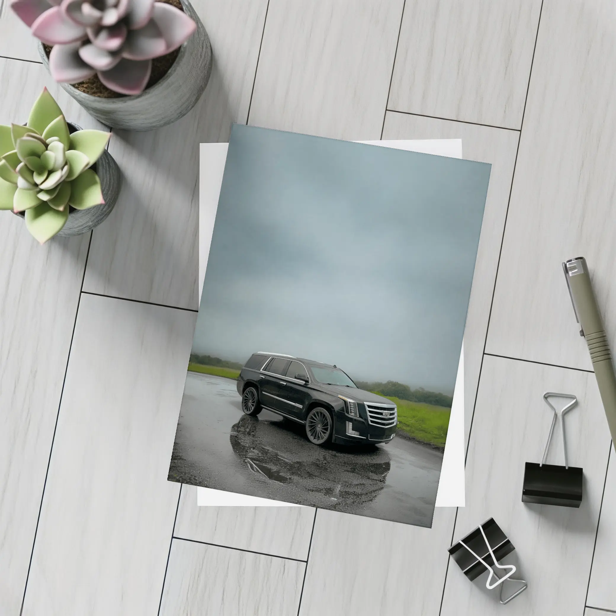 Black Cadillac Escalade Rainy Overcast Day – Postcards