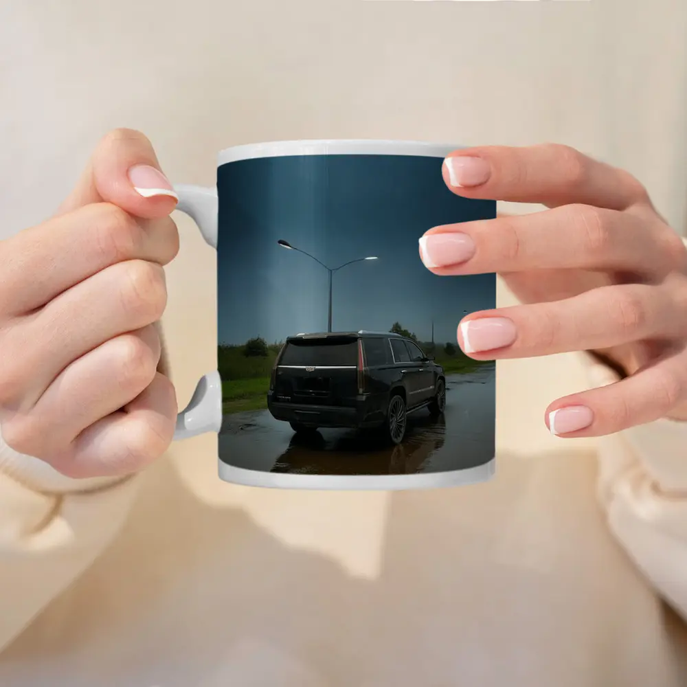 Black Cadillac Escalade Rainy Moody Street – Mugs