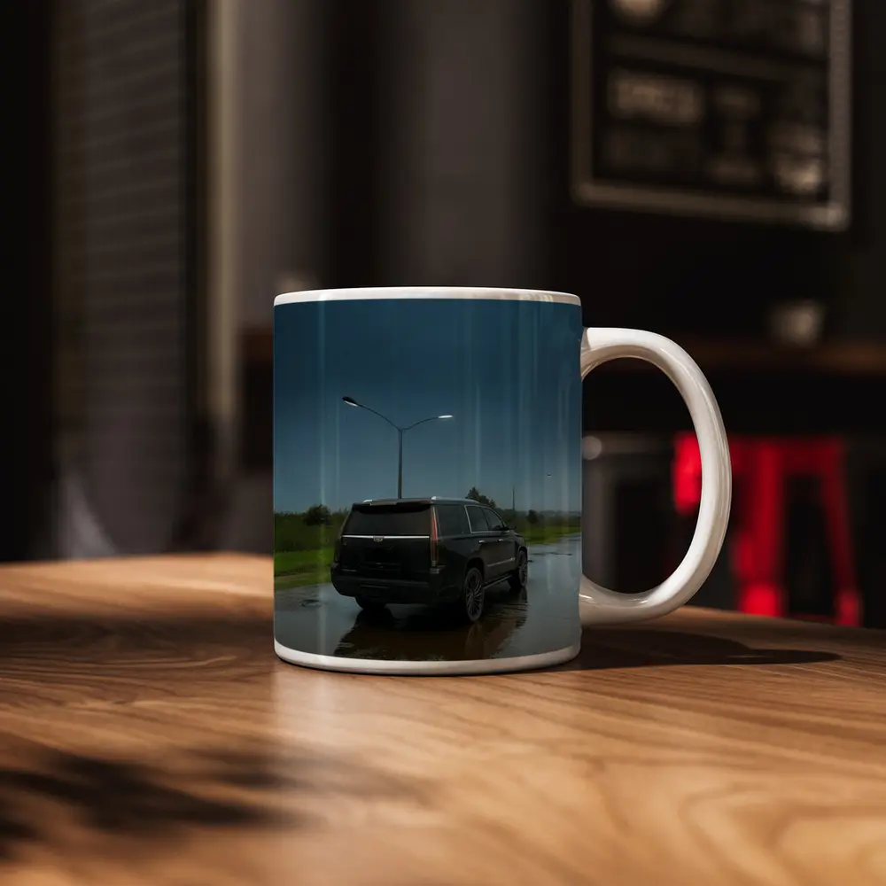 Black Cadillac Escalade Rainy Moody Street – Mugs