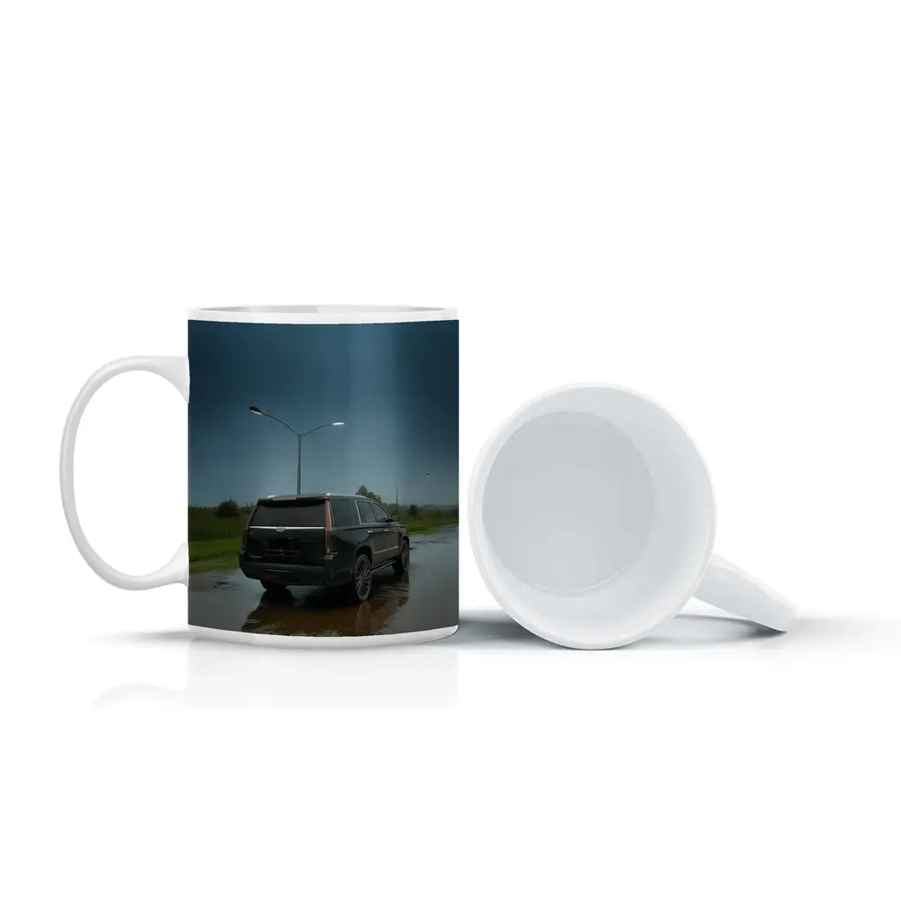 Black Cadillac Escalade Rainy Moody Street – Mugs