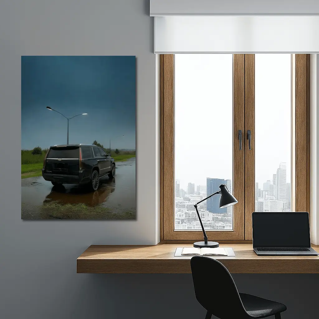 Black Cadillac Escalade Rainy Moody Street – Wall Art