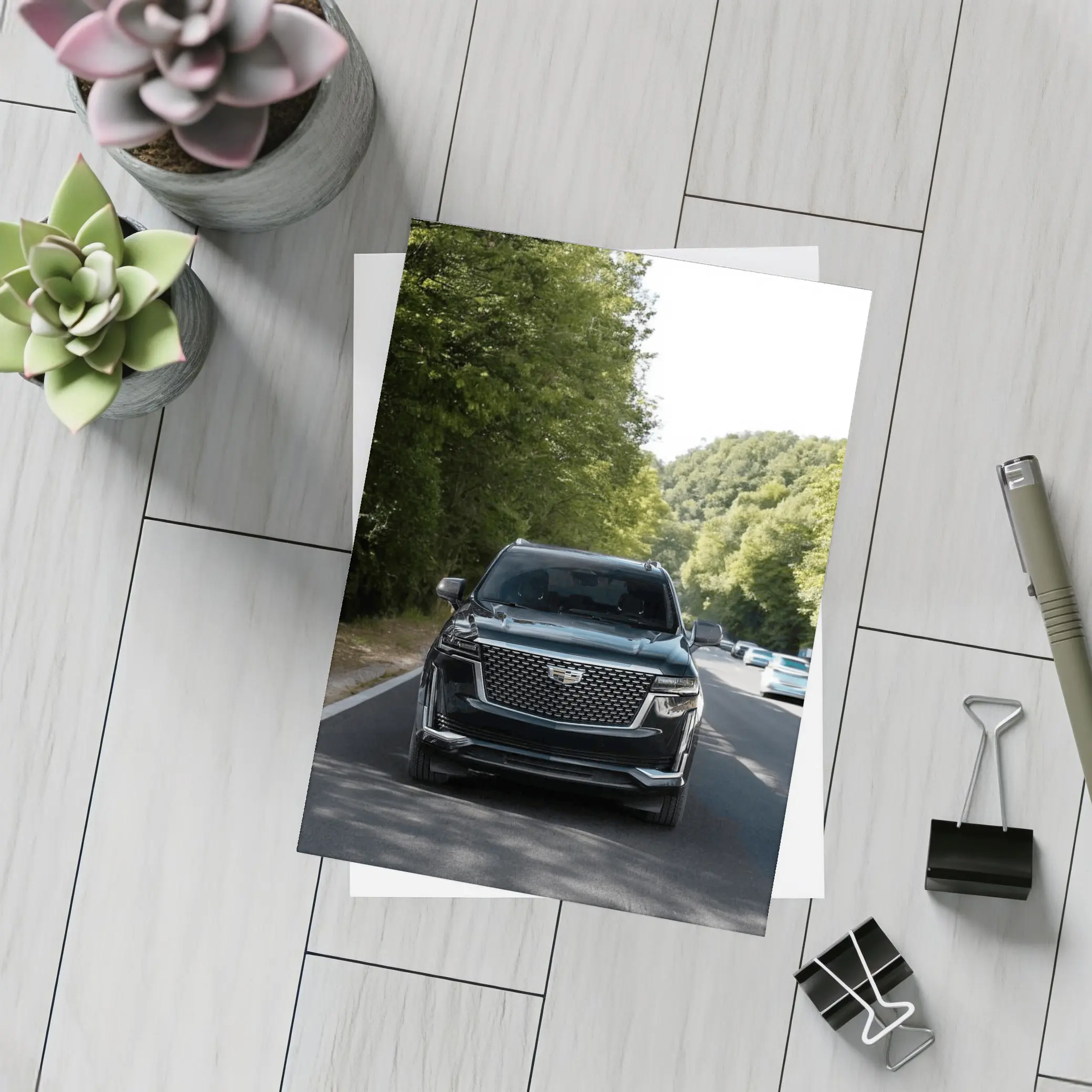 Black Cadillac Escalade On Forest Road – Postcards