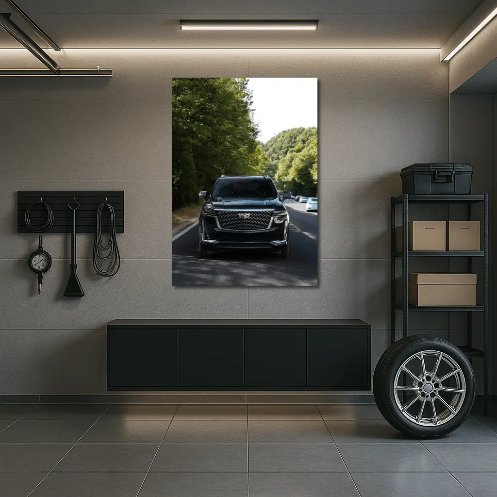 Black Cadillac Escalade On Forest Road – Wall Art