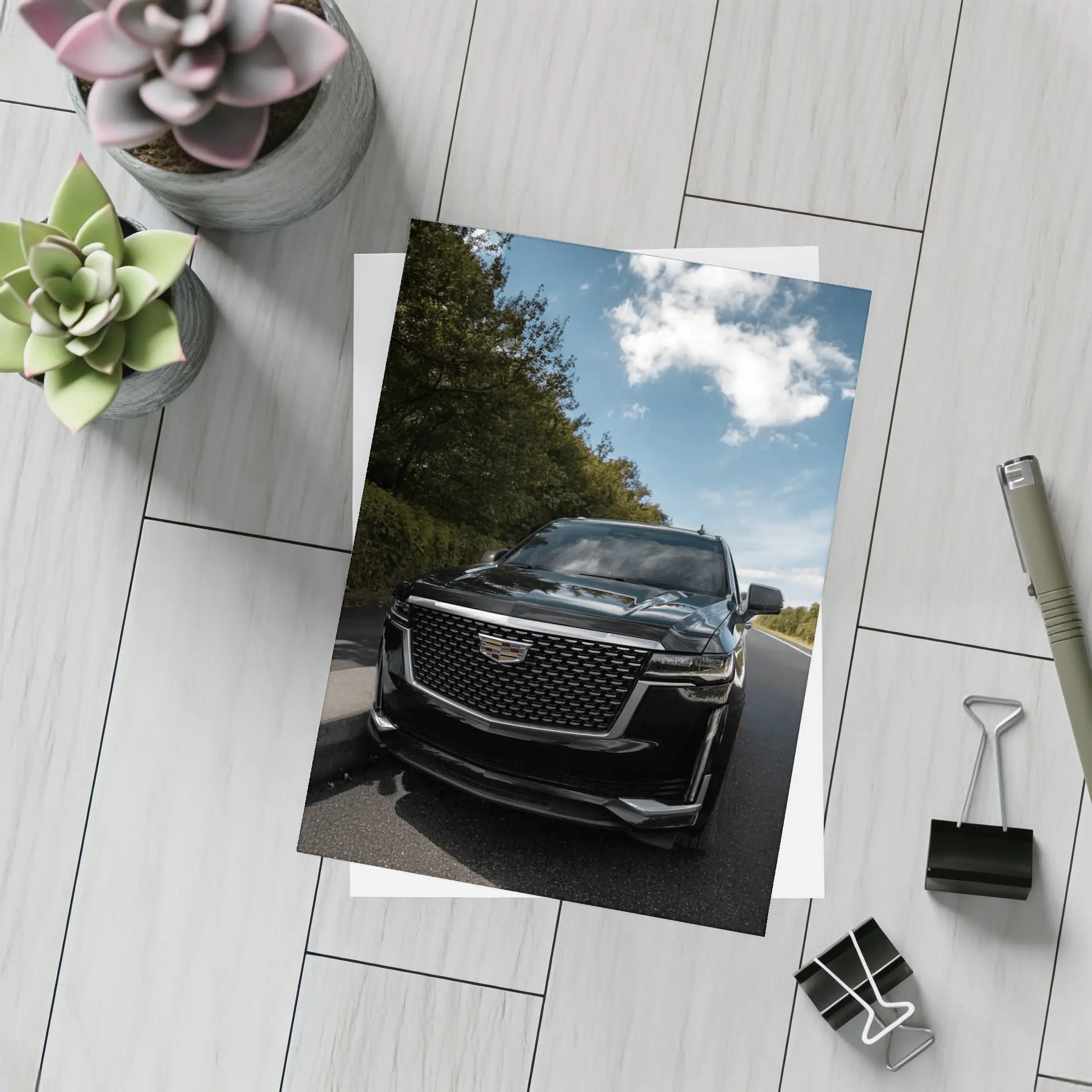 Black Cadillac Escalade on Open Road – Postcards