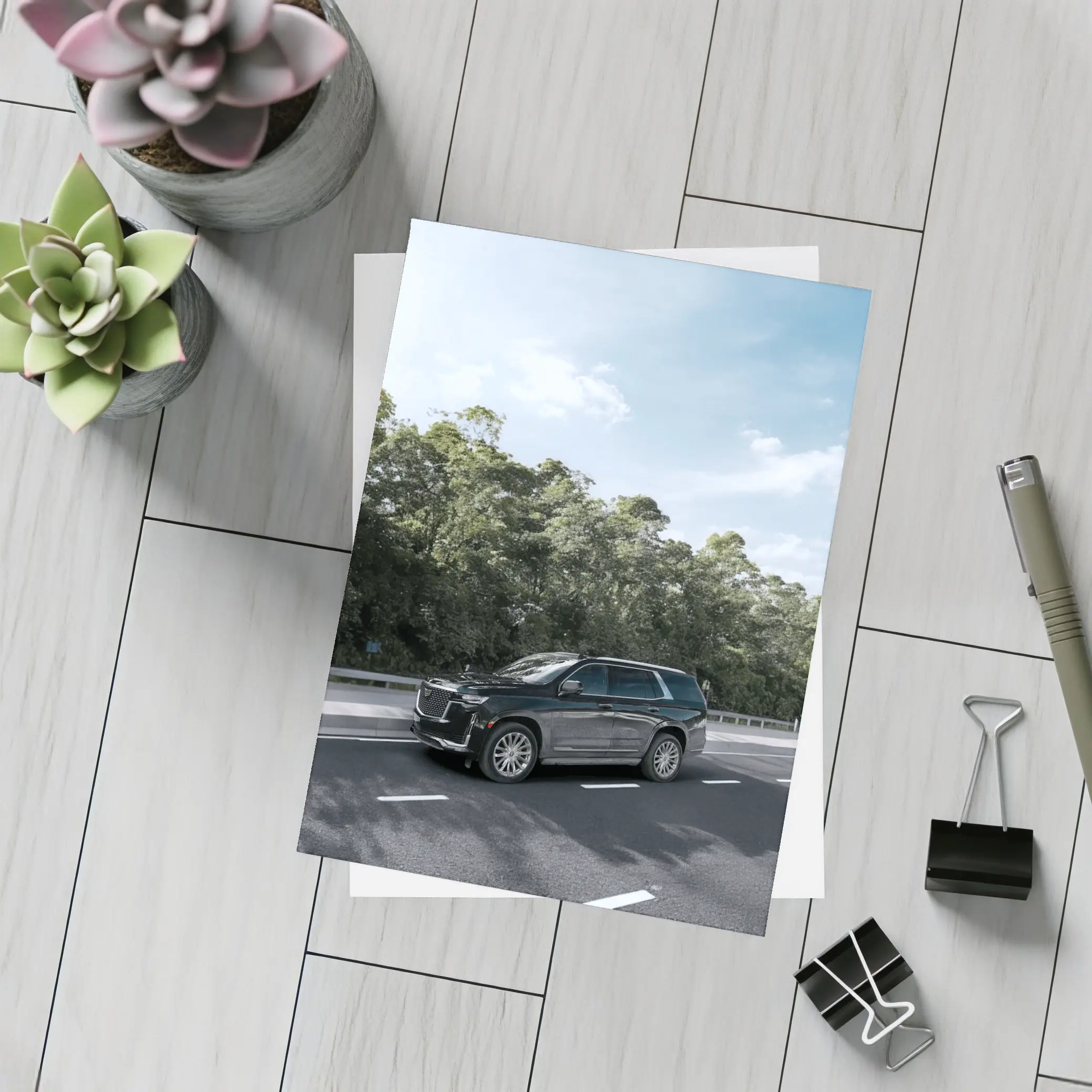 Black Cadillac Escalade SUV On Highway – Postcards