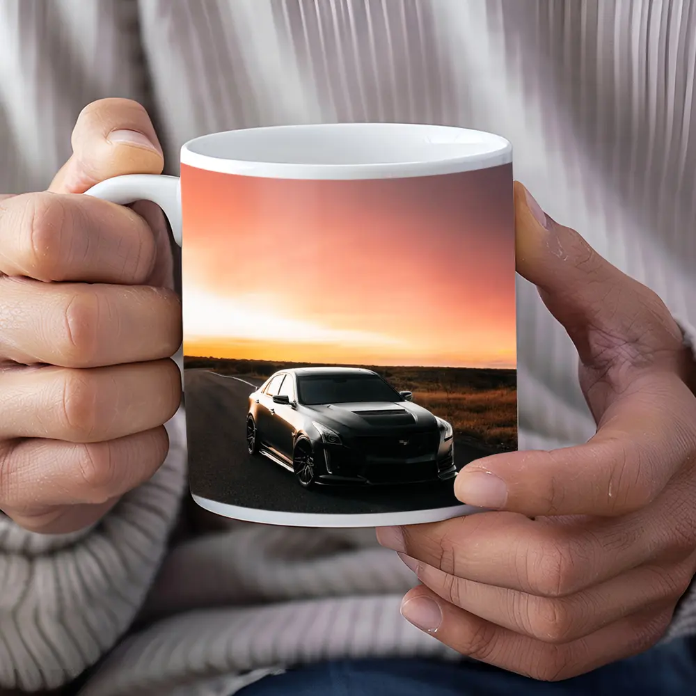 Cadillac CTS Black Car Sunset Road – Mugs