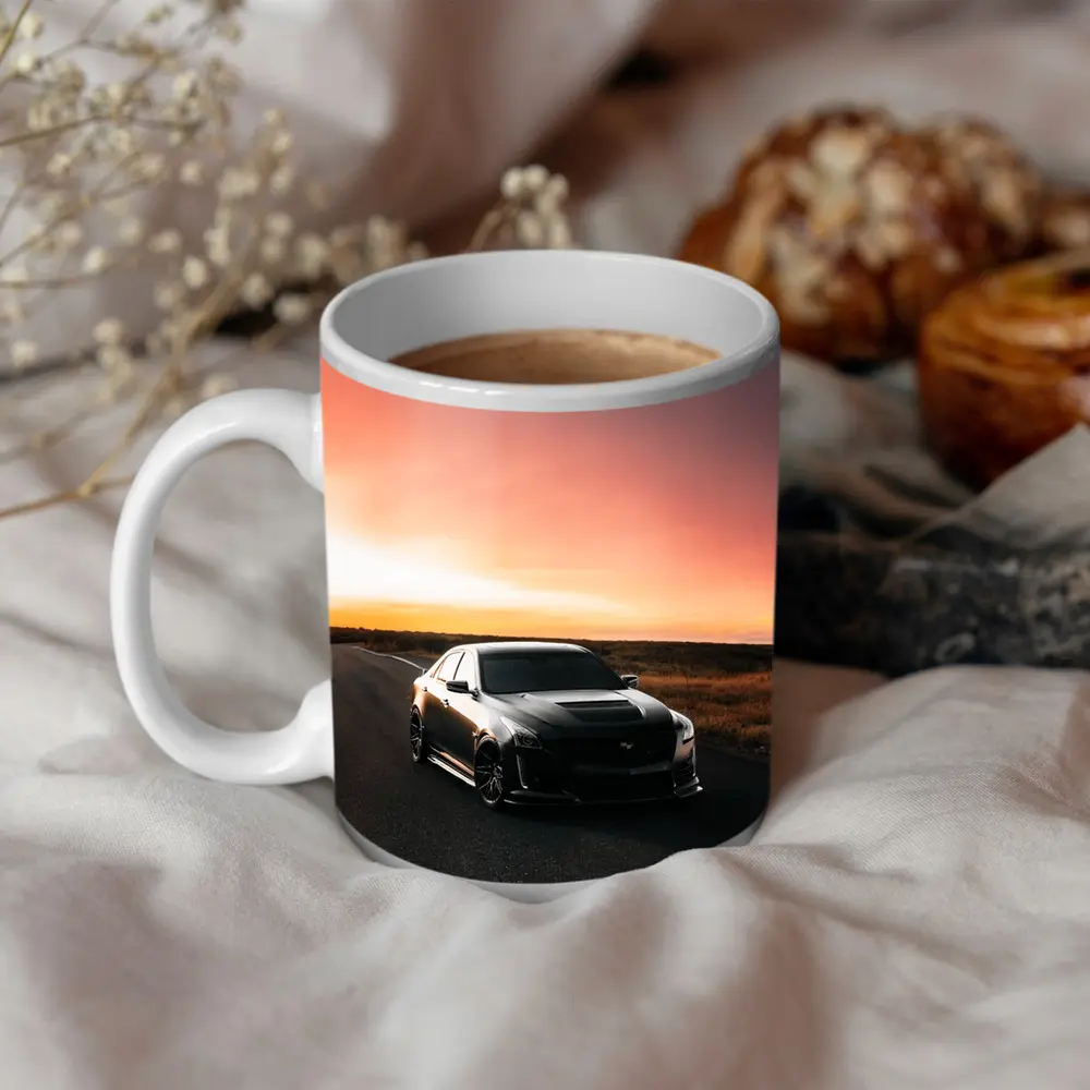 Cadillac CTS Black Car Sunset Road – Mugs