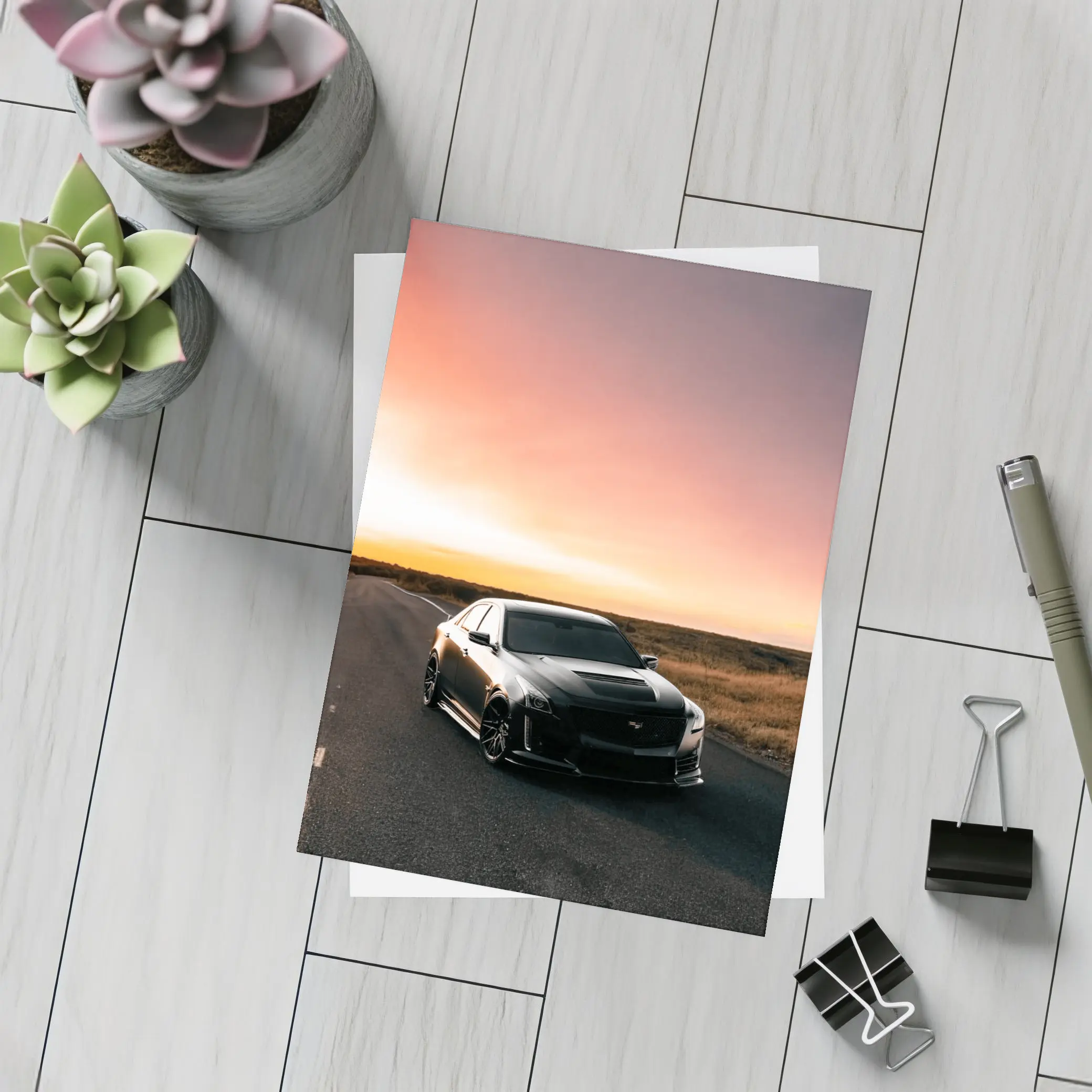 Cadillac CTS Black Car Sunset Road – Postcards