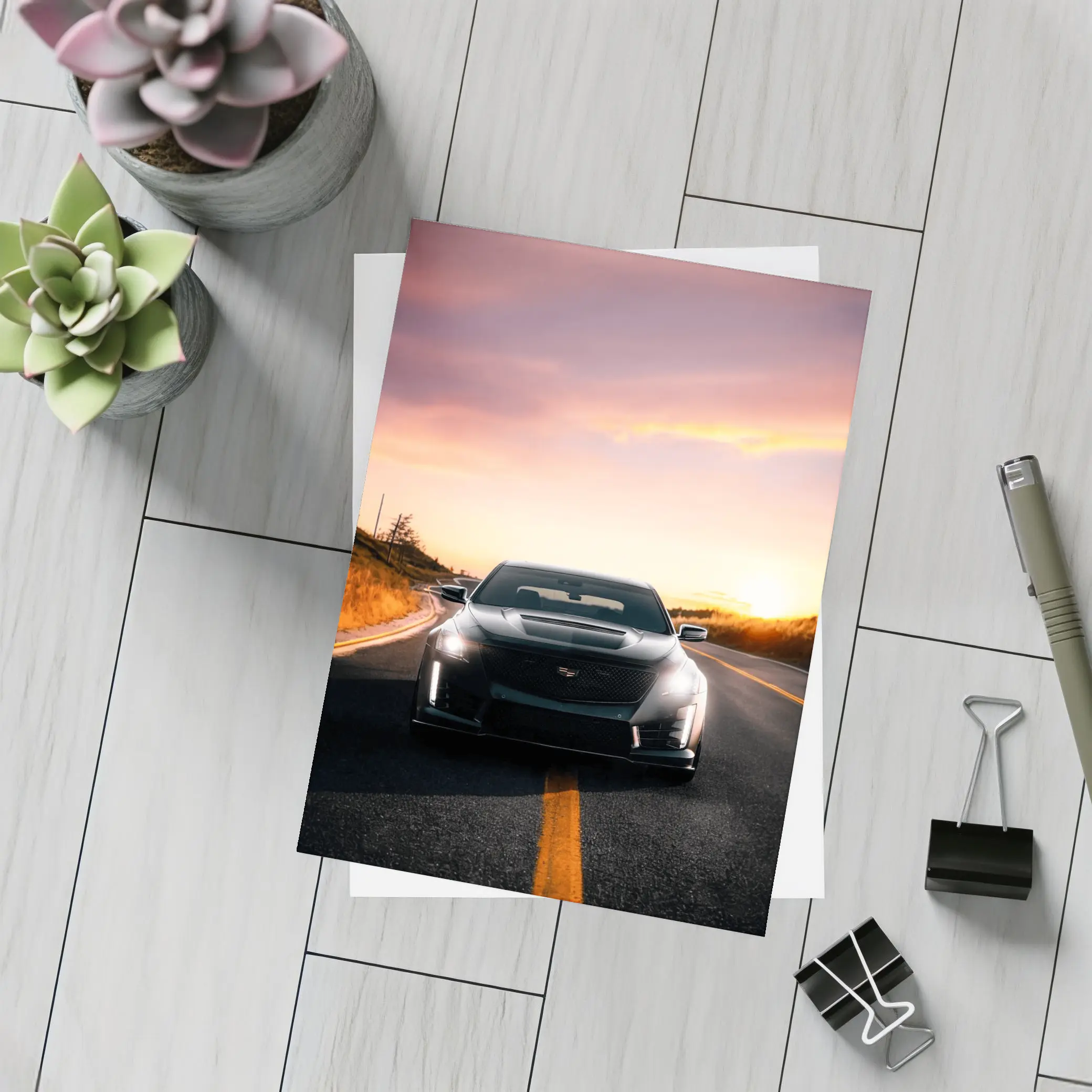 Cadillac CT5 Black Car Sunset Road – Postcards