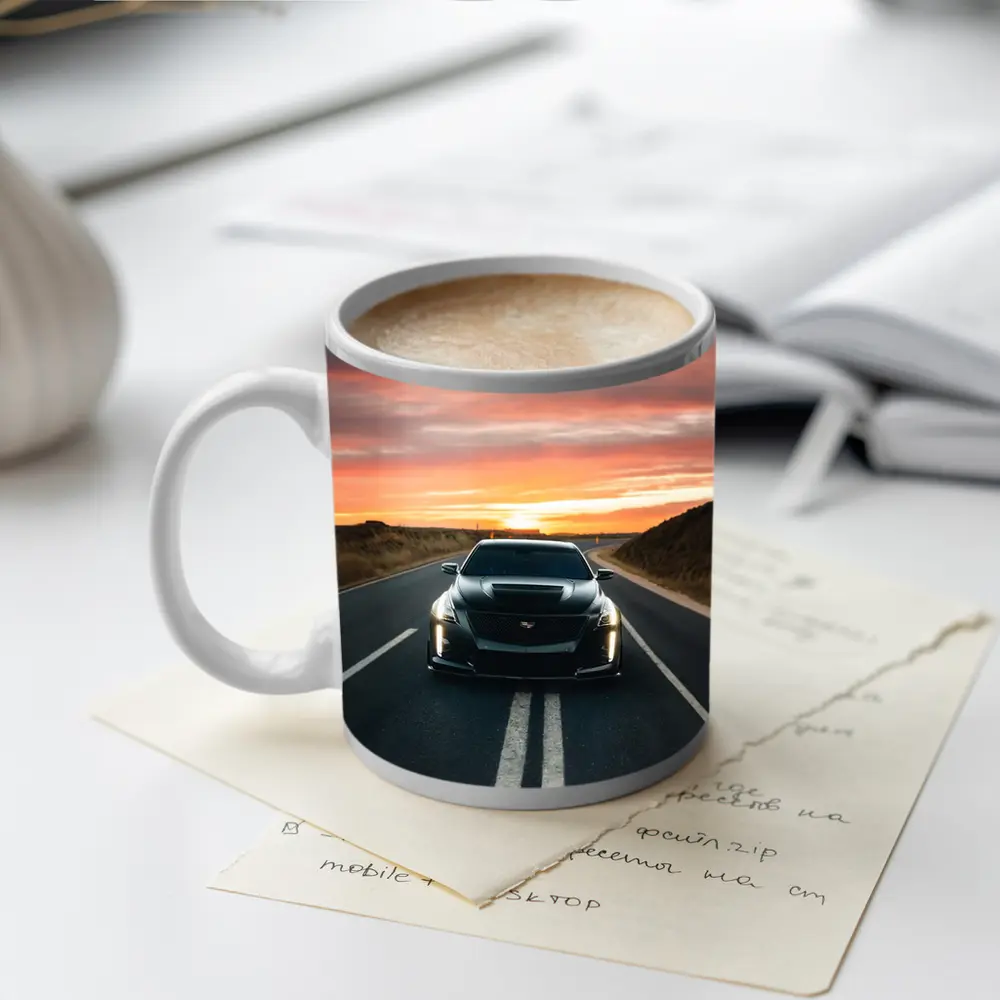 Cadillac CTS Black Car Sunset Road – Mugs