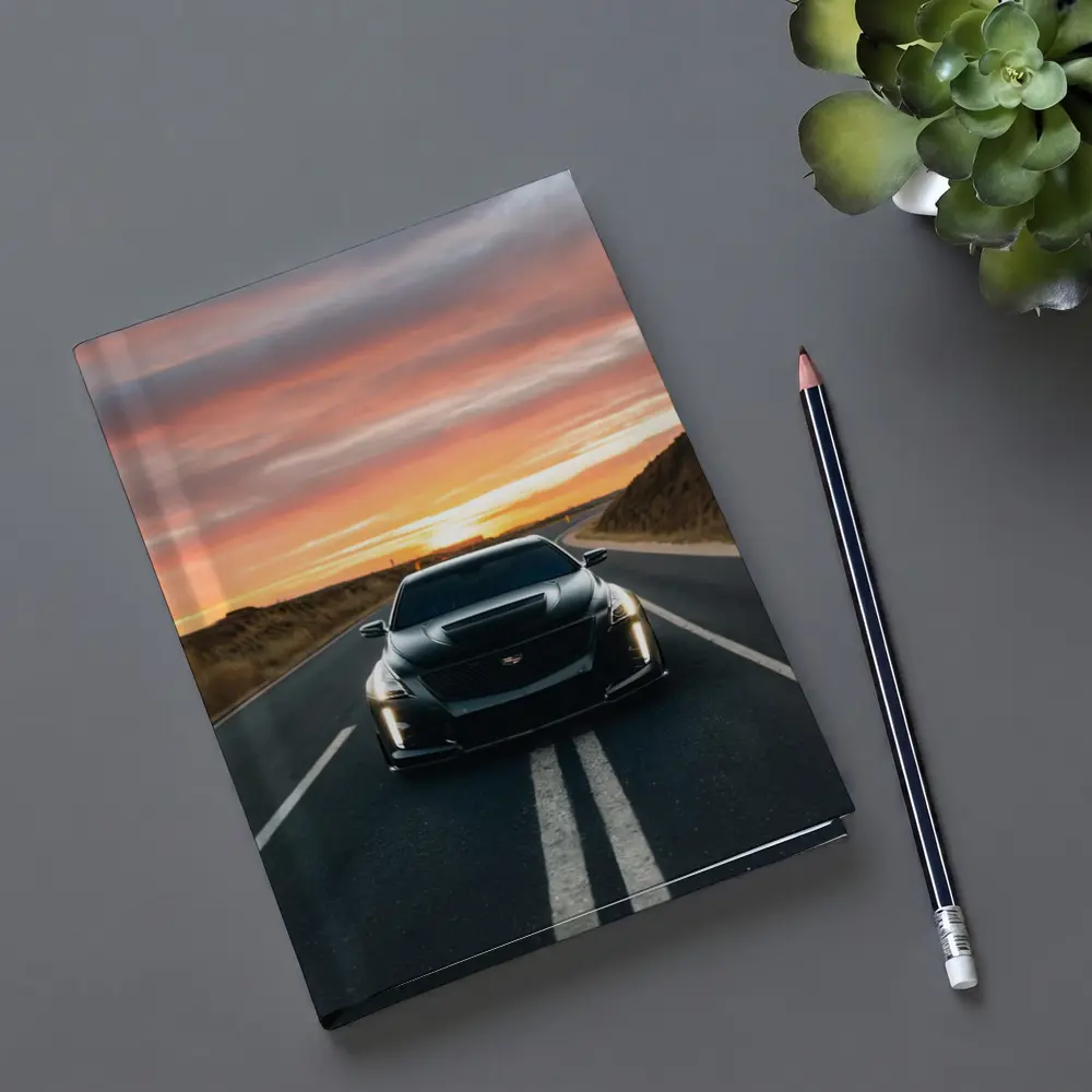Cadillac CTS Black Car Sunset Road – Notebooks